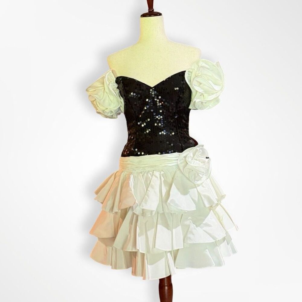 VTG Cache, 80s Dropwaist Black White Ruffle Sequin Taffeta Cocktail Mini Dress 4